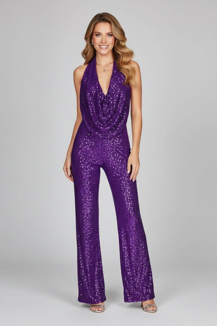 Sequin Halter Wide-Leg Jumpsuit for Women - Purple