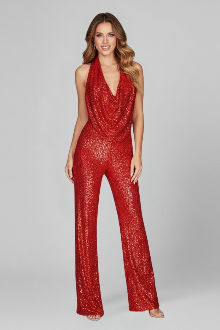 Sequin Halter Wide-Leg Jumpsuit for Women - Red