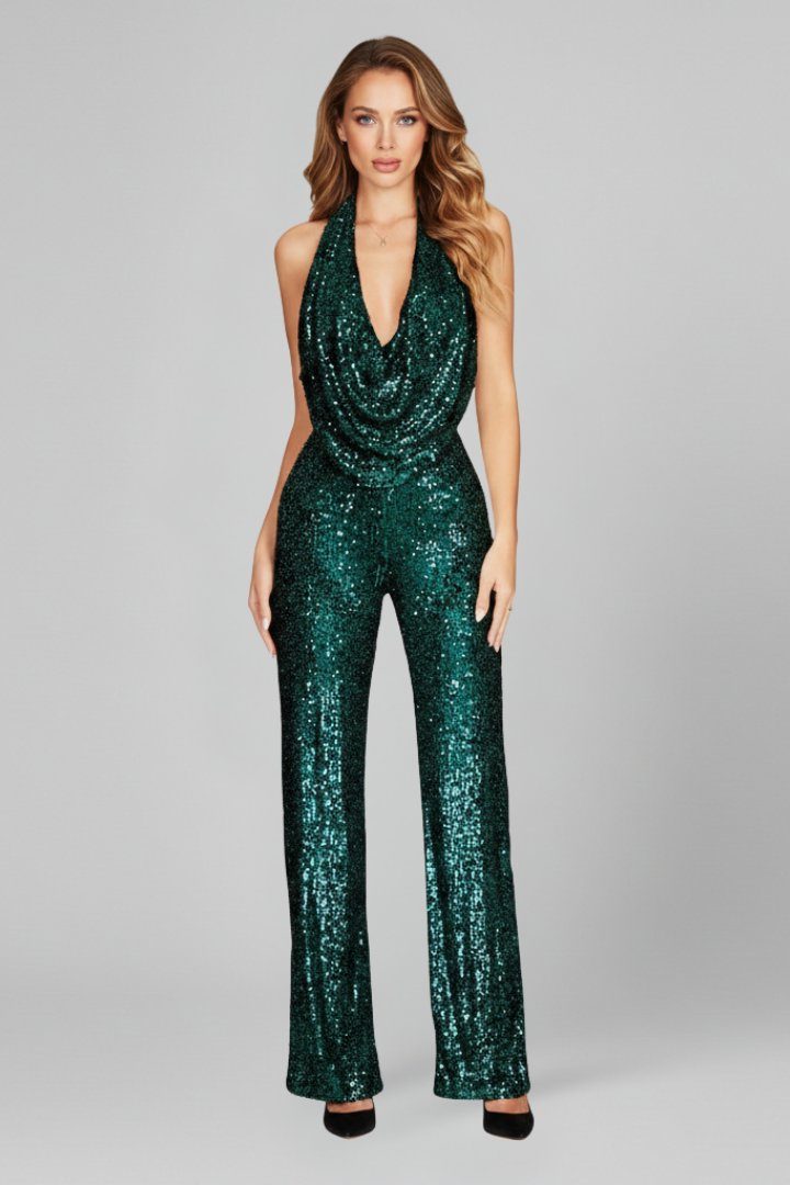 Sequin Halter Wide-Leg Jumpsuit for Women - Green