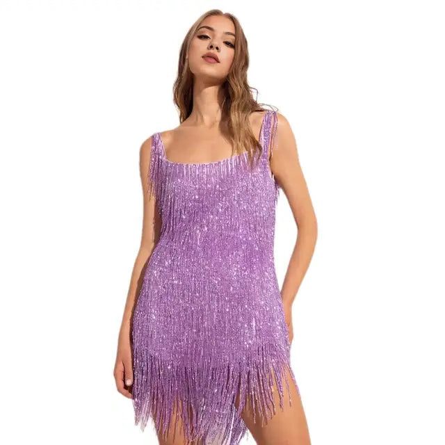 Sequin Mini Dress with Fringe Hem for Women - Purple