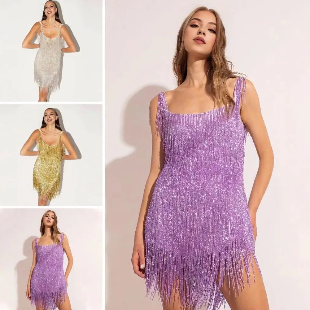 Sequin Mini Dress with Fringe Hem for Women - View 7