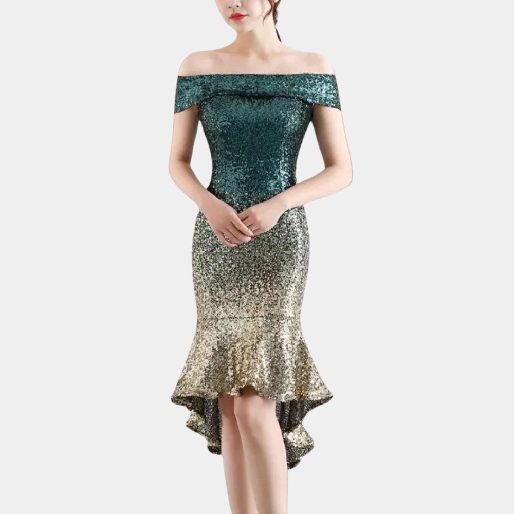 Sequin Off-Shoulder Midi Dress for Women - Green Gold