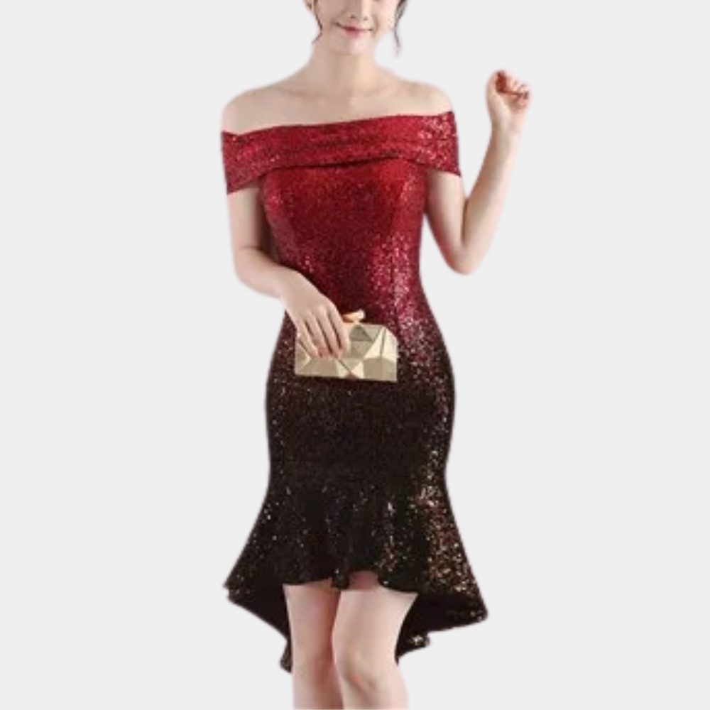 Sequin Off-Shoulder Midi Dress for Women - Red