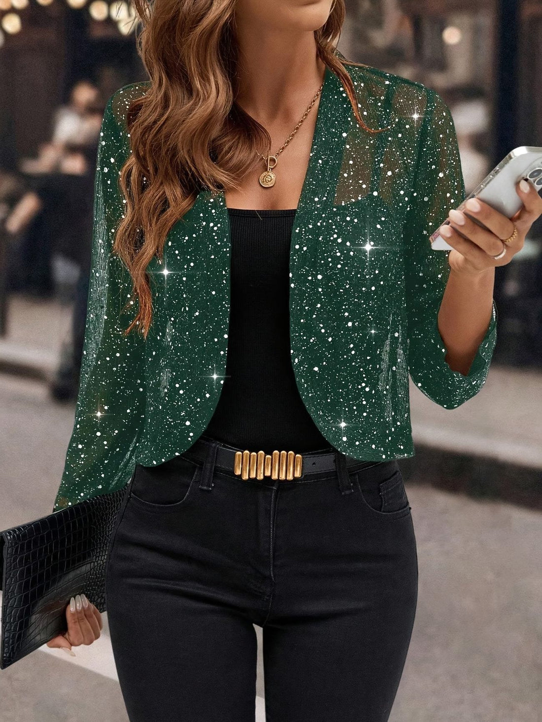 Sequin Open Front Cardigan for Women