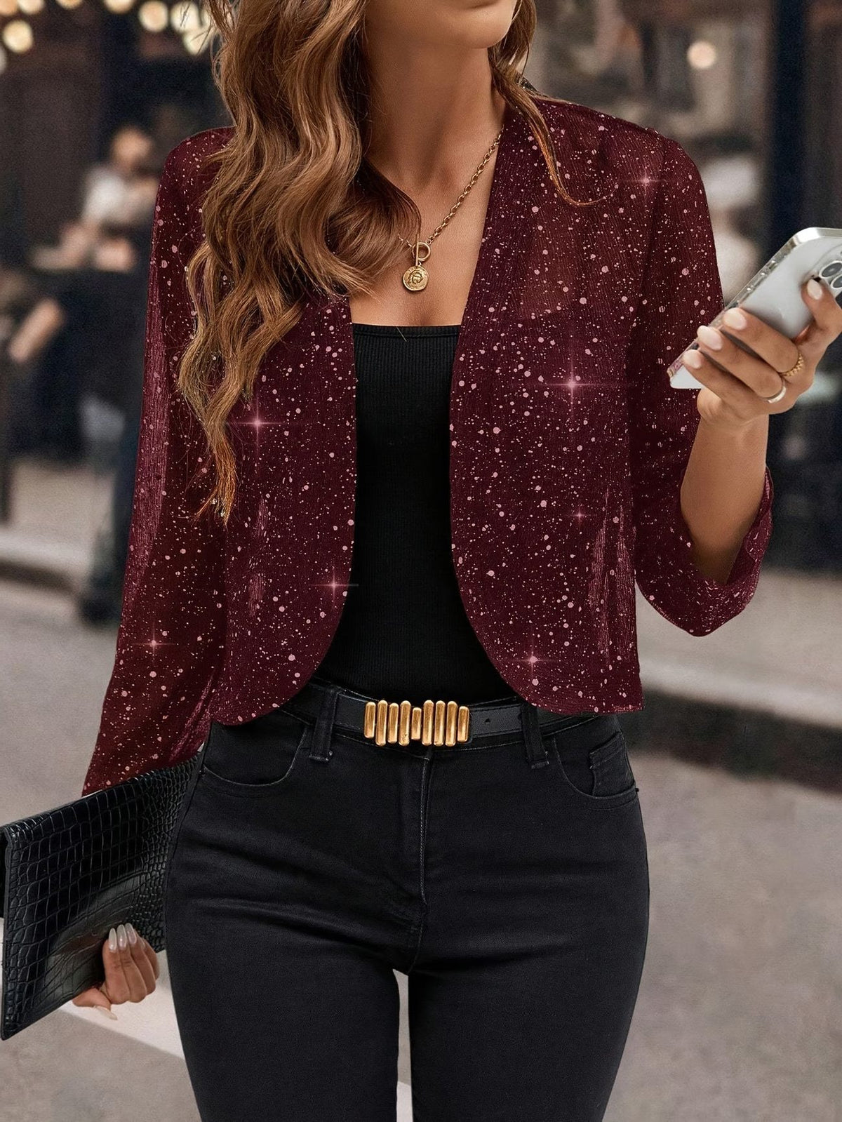Sequin Open Front Cardigan for Women - Burgundy