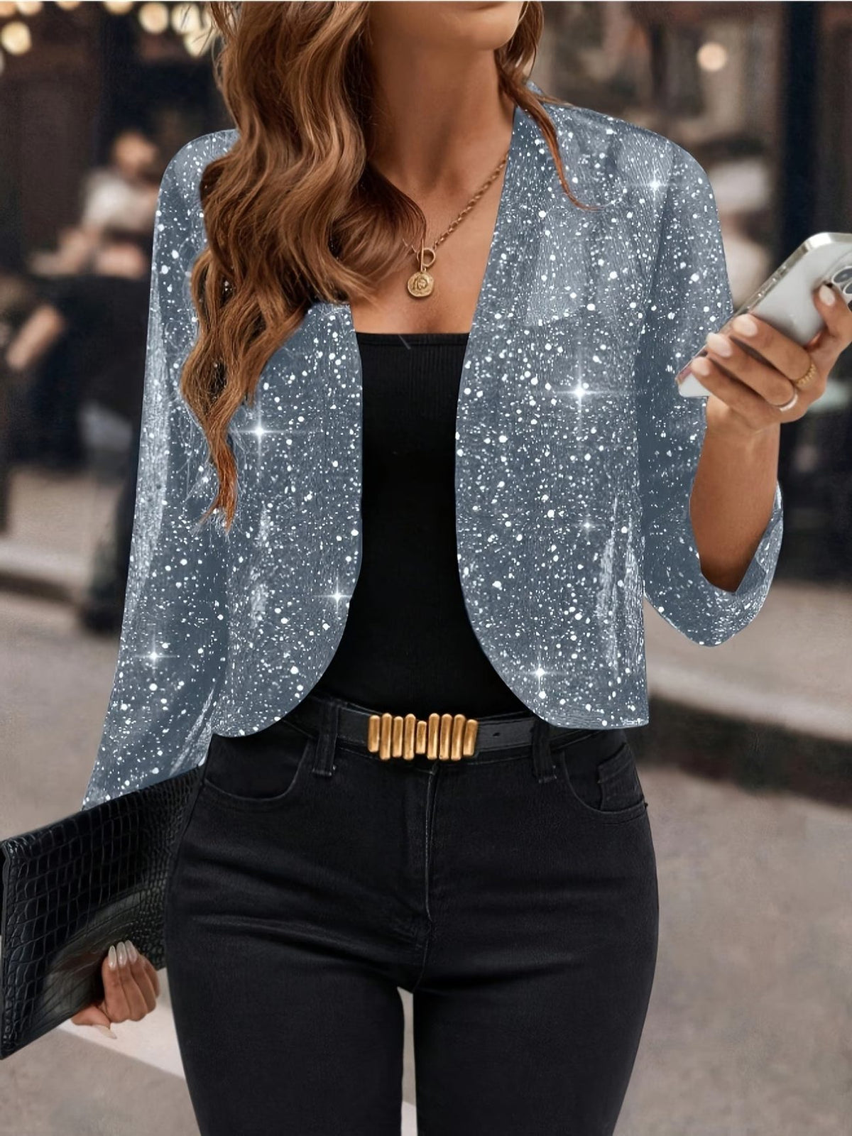 Sequin Open Front Cardigan for Women - Gray
