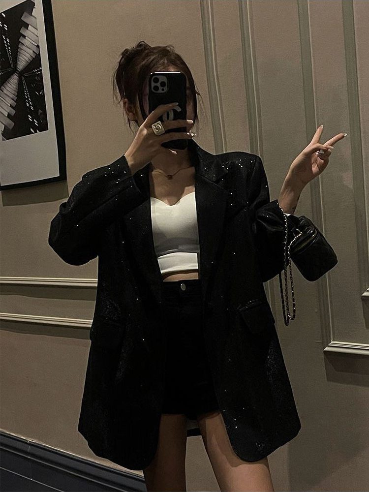 Sequin Oversized Blazer for Women - Black