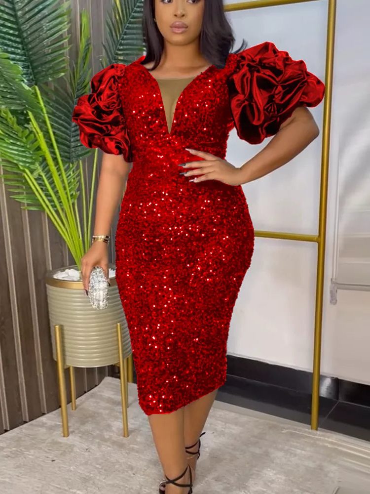 Sequin Puff Sleeve Midi Dress for Women