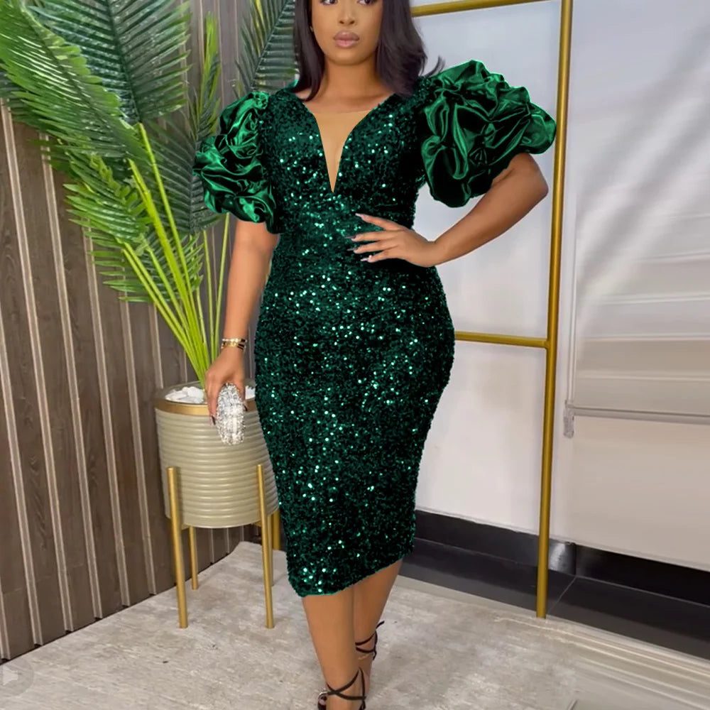 Sequin Puff Sleeve Midi Dress for Women - Green