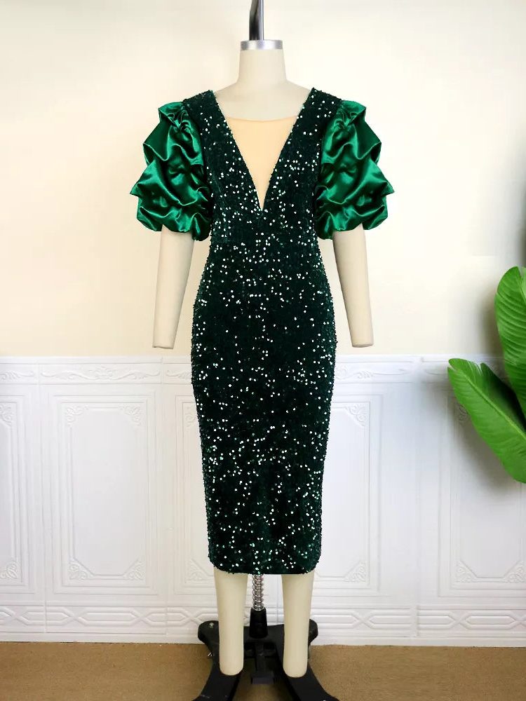 Sequin Puff Sleeve Midi Dress for Women - View 3