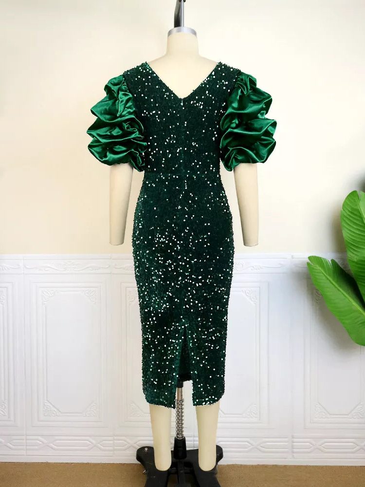 Sequin Puff Sleeve Midi Dress for Women - View 4