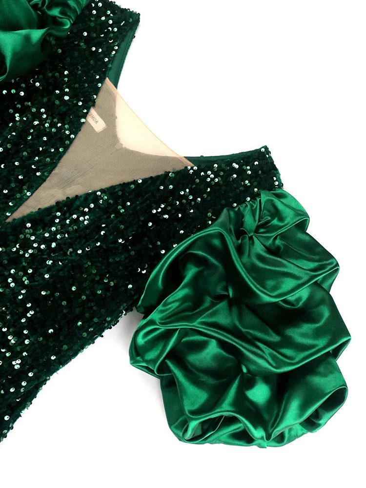 Sequin Puff Sleeve Midi Dress for Women - View 7