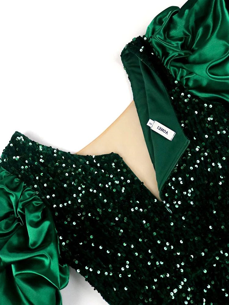 Sequin Puff Sleeve Midi Dress for Women - View 8