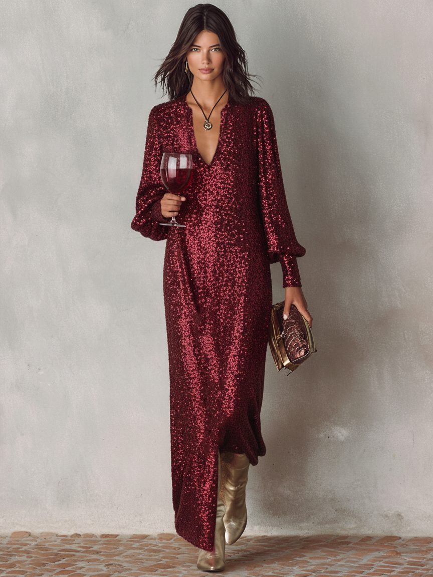 Sequin V-Neck Maxi Dress for Women - Wine Red
