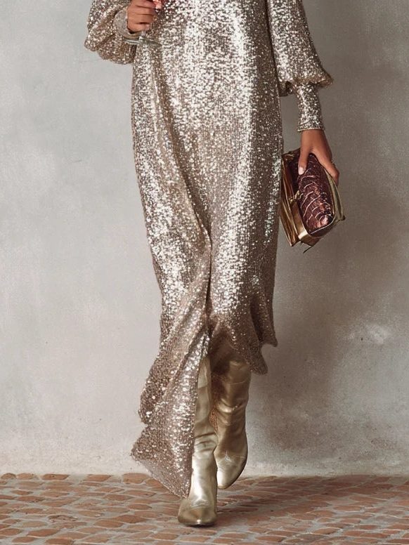 Sequin V-Neck Maxi Party Dress with Long Sleeves for Women - View 3
