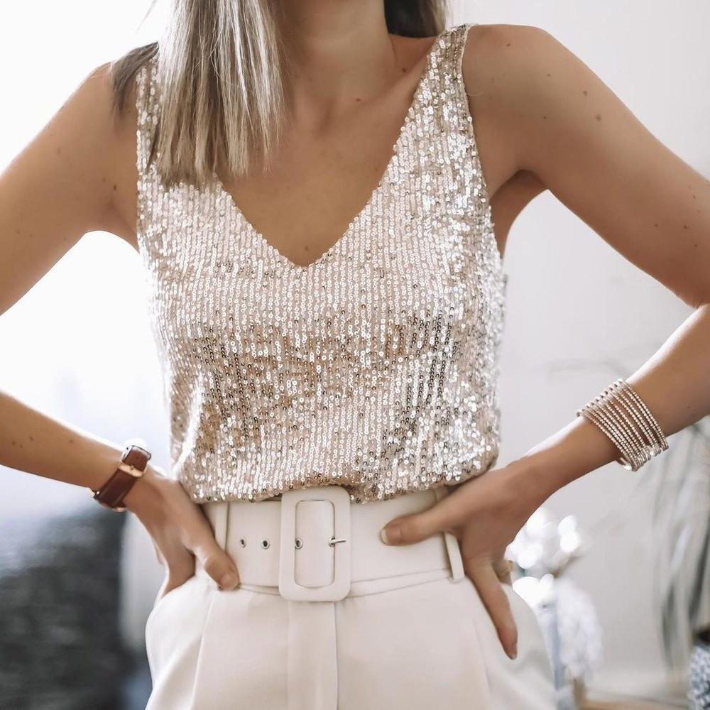Sequin V-Neck Spaghetti Strap Tank Top for Women - View 3