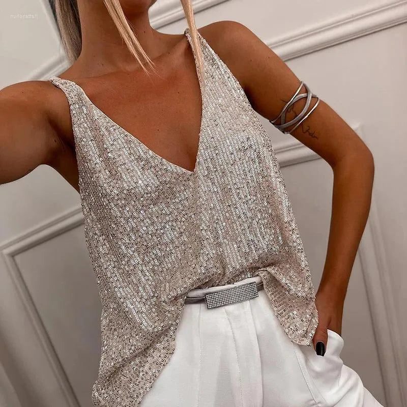 Sequin V-Neck Spaghetti Strap Tank Top for Women