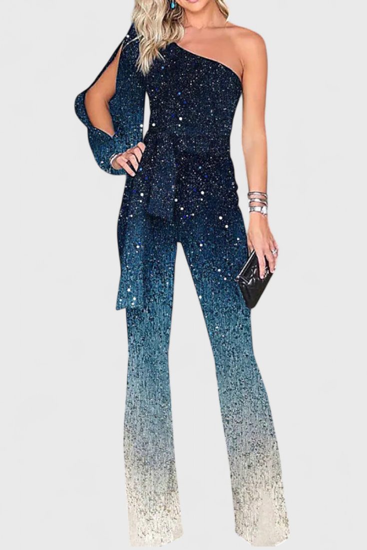 Sequin Wide Leg Jumpsuit One-Shoulder Formal for Women