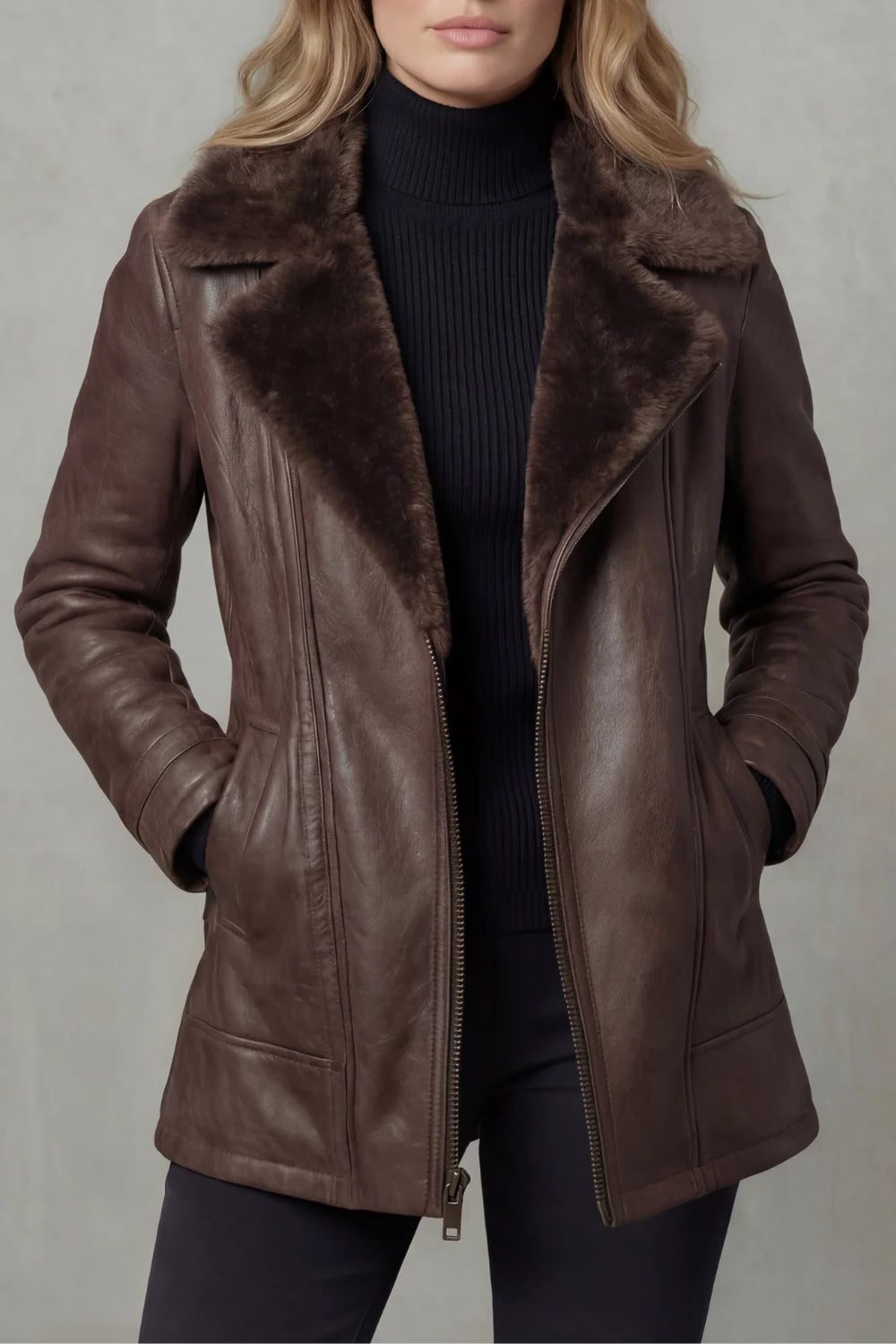 Shearling Lined Leather Jacket with Zip Closure for Women