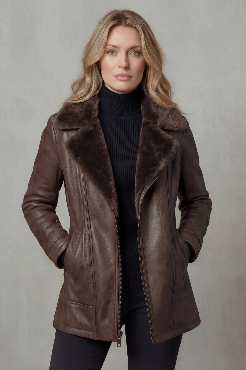 Shearling Lined Leather Jacket with Zip Closure for Women