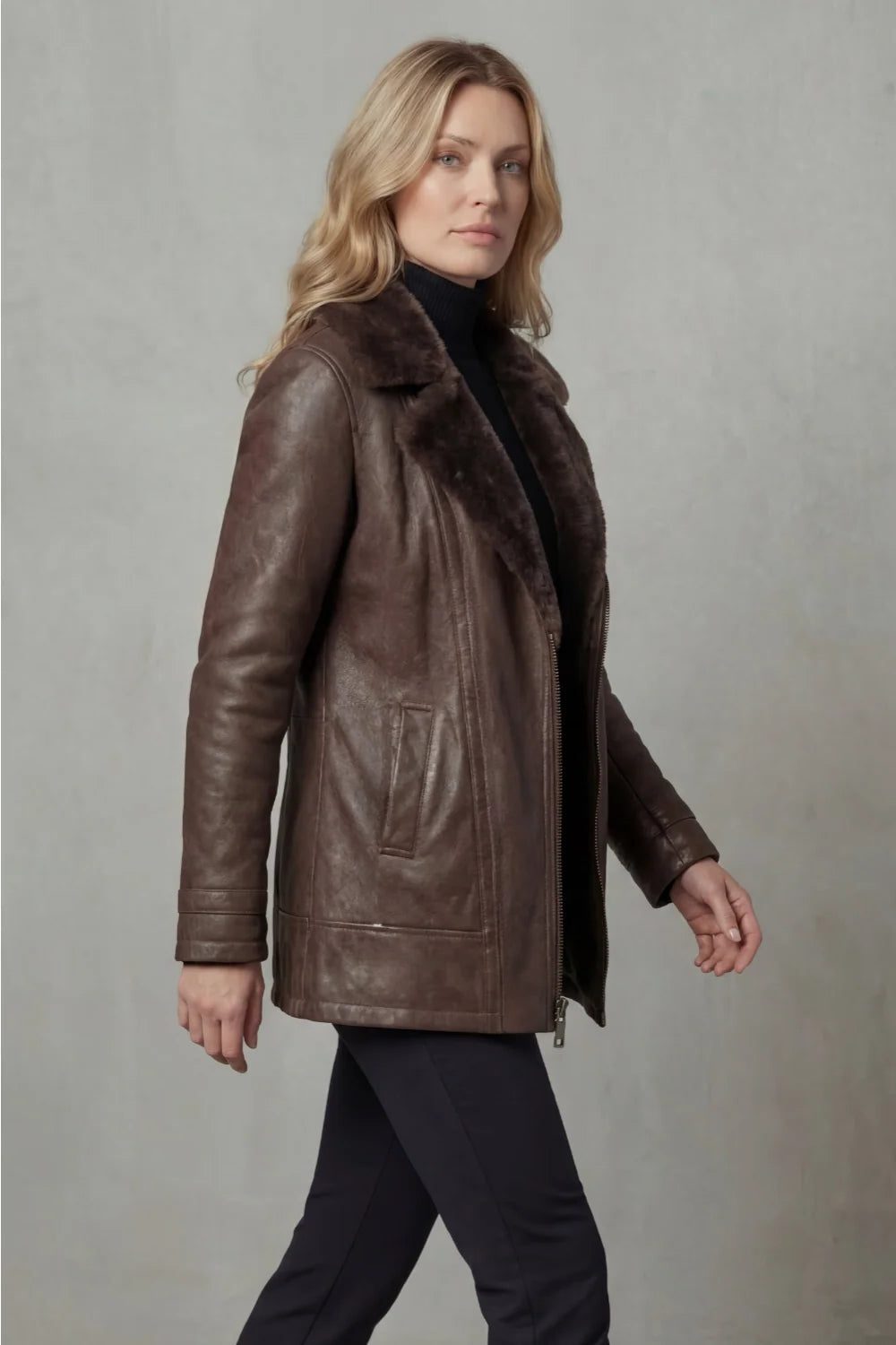 Shearling Lined Leather Jacket with Zip Closure for Women - View 3