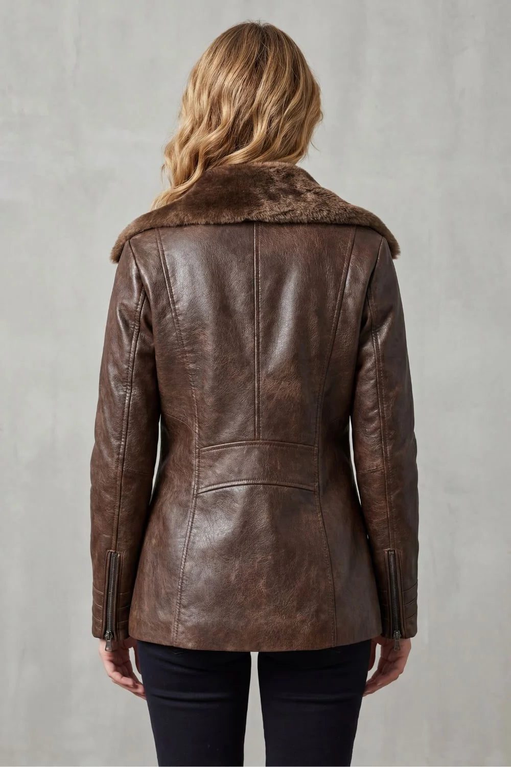 Shearling Lined Leather Jacket with Zip Closure for Women - View 4