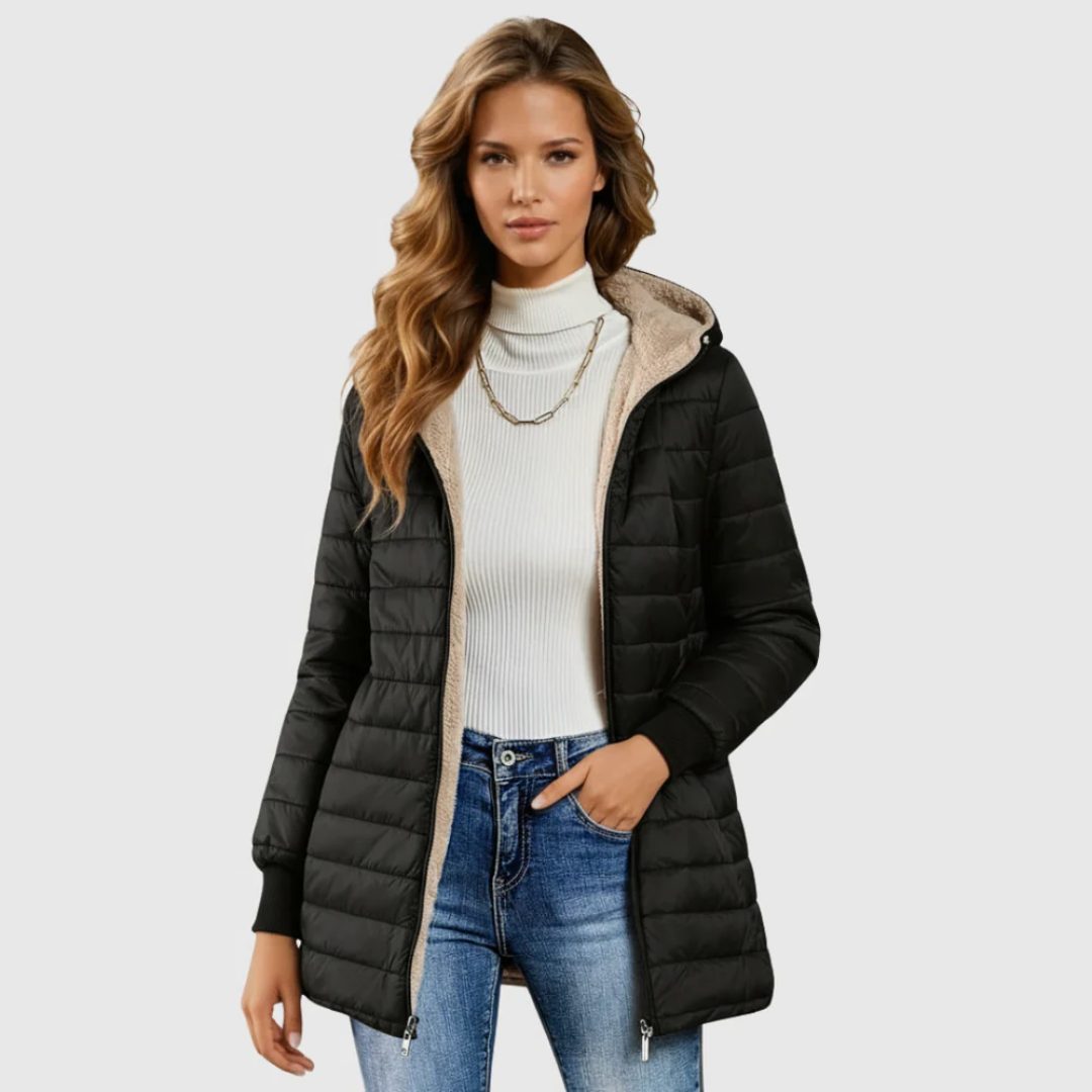 Sherpa-Lined Long Puffer Jacket for Women - Black