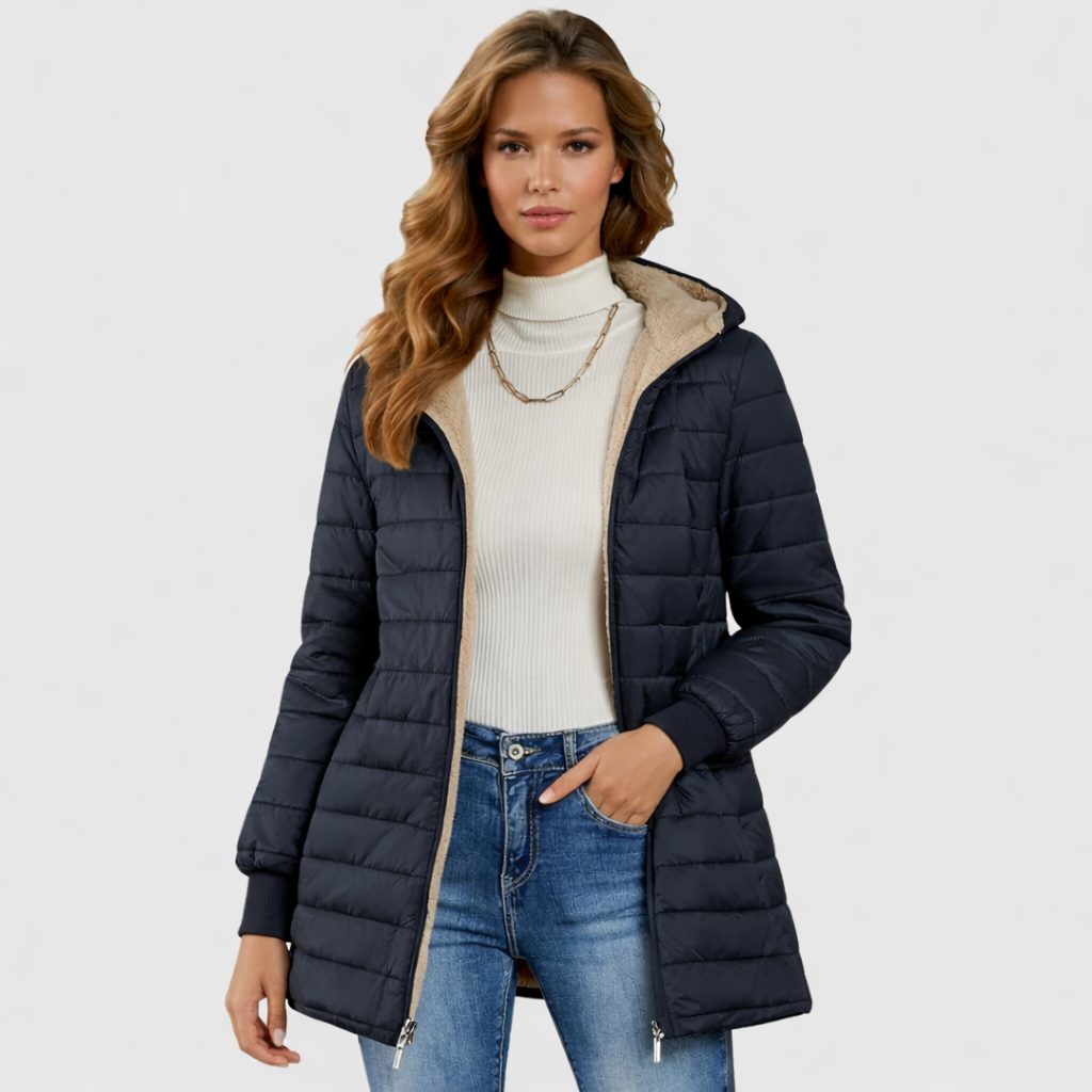 Sherpa-Lined Long Puffer Jacket for Women - Blue