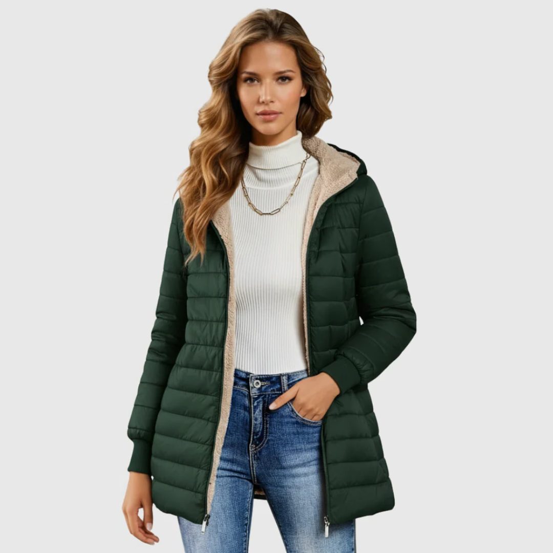 Sherpa-Lined Long Puffer Jacket for Women - Green