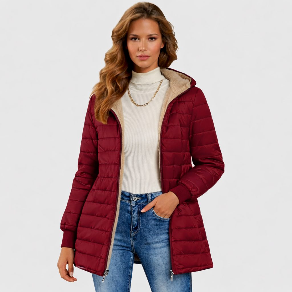 Sherpa-Lined Long Puffer Jacket for Women - Red