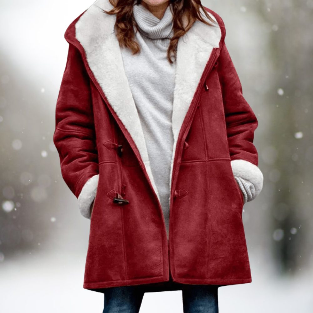 Sherpa-Lined Long Winter Coat with Lapel Collar for Women - Red