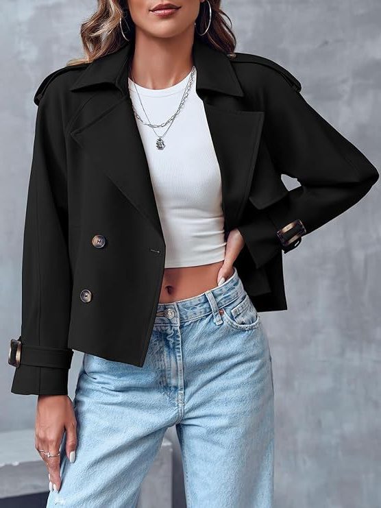 Short Double-Breasted Trench Coat for Women - Black