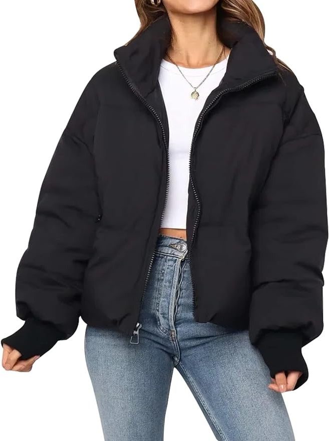 Short Puffer Jacket with Zip for Women - Black