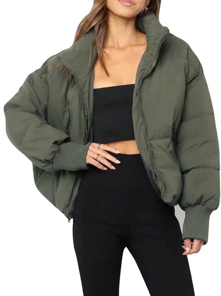Short Puffer Jacket with Zip for Women - Green