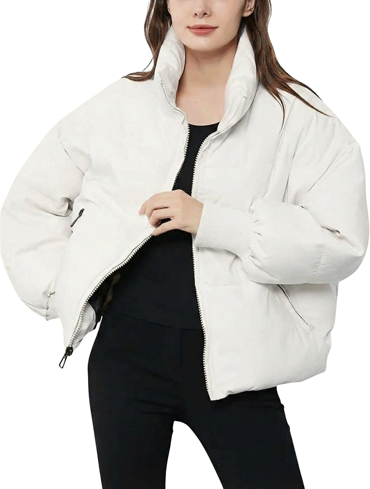 Short Puffer Jacket with Zip for Women - White