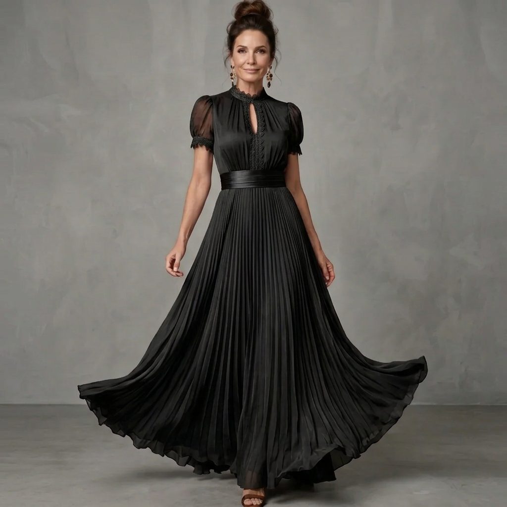 Short Sleeve Pleated Maxi Dress for Women - Black