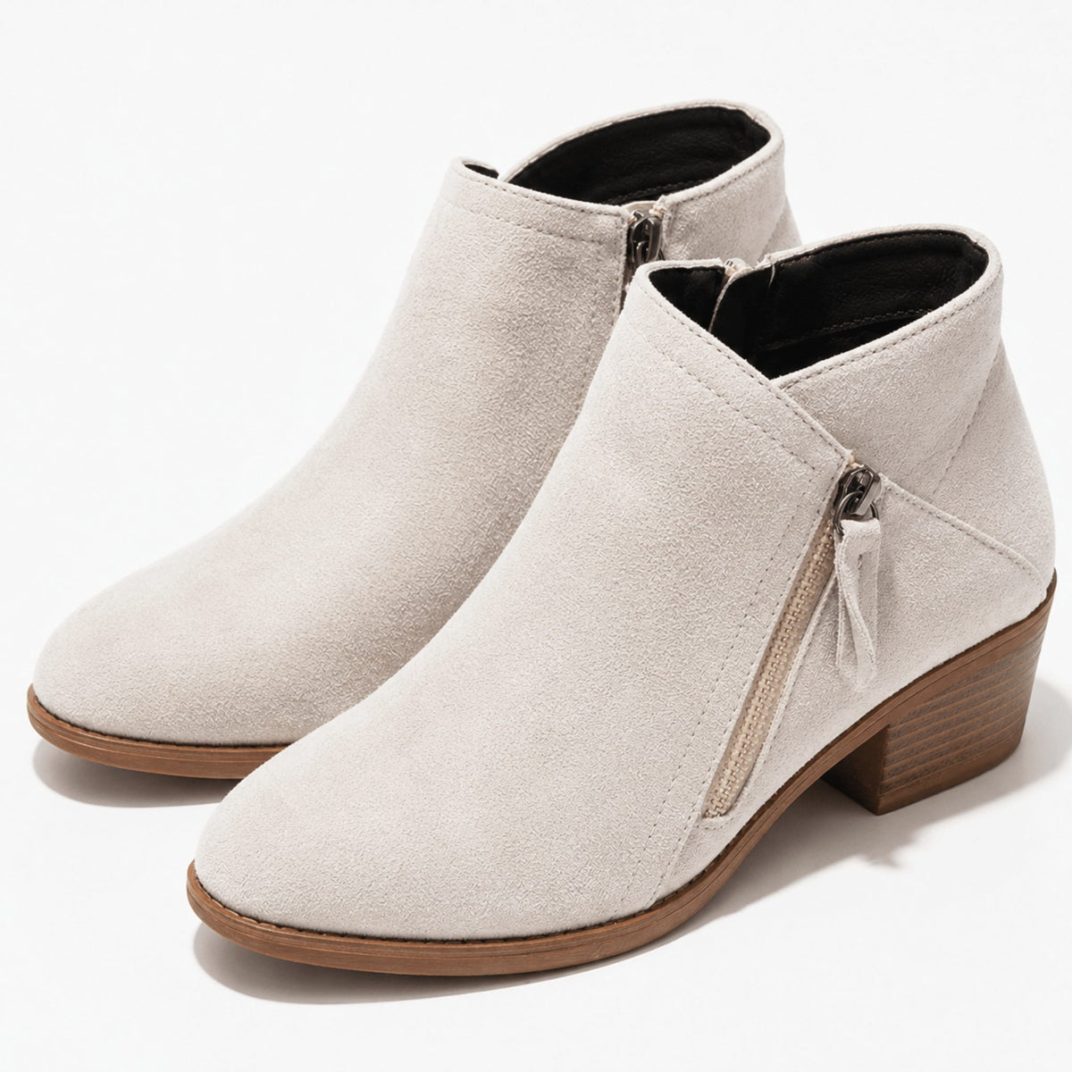 Side Zip Block Heel Ankle Boots for Women - Beige