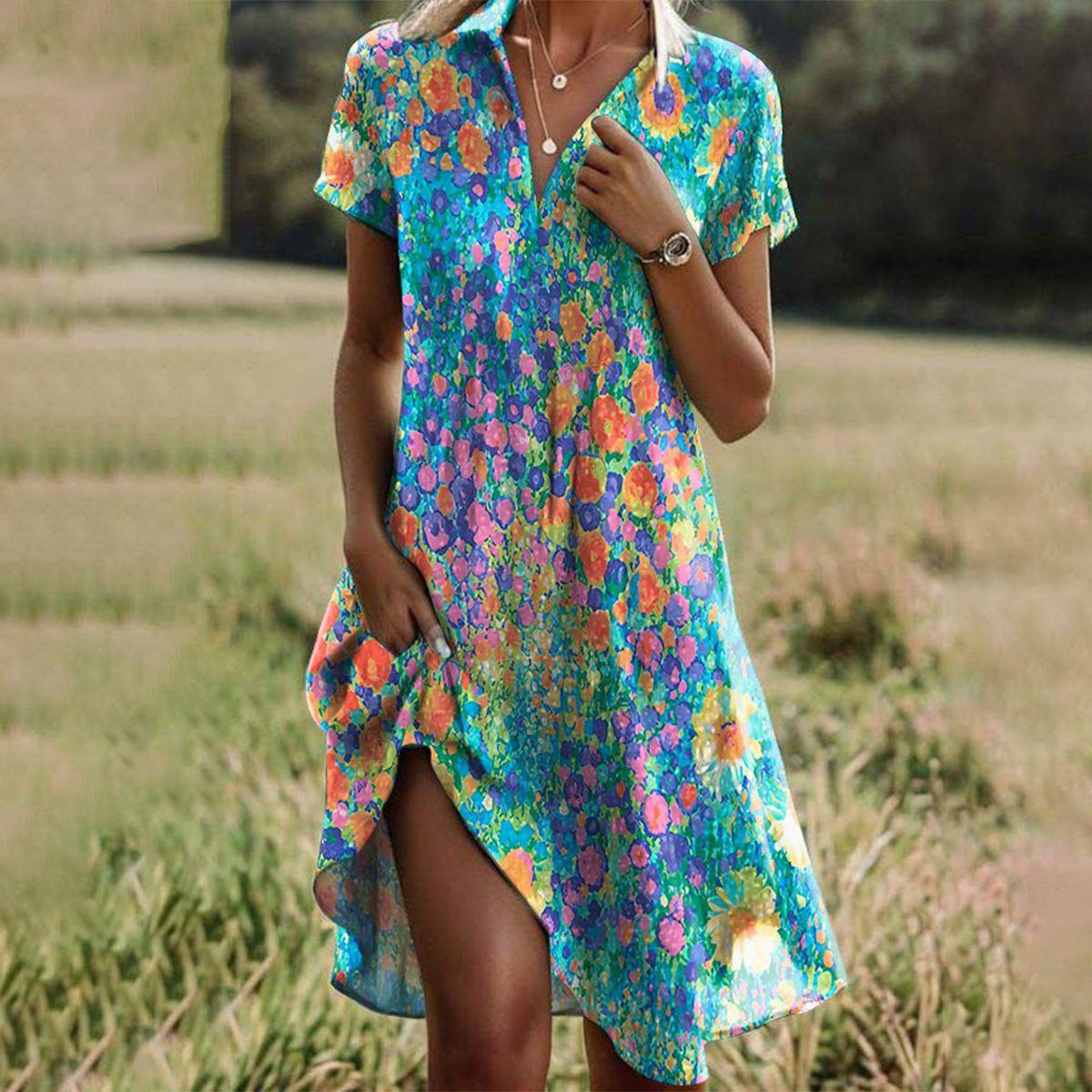 V-Neck Short Sleeve Floral Midi Dress for Women