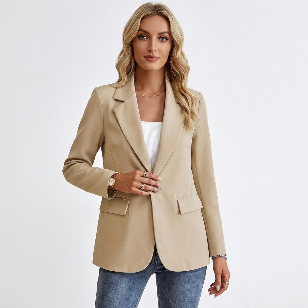 Single-Breasted Tailored Blazer with Notch Lapel for Women - Khaki