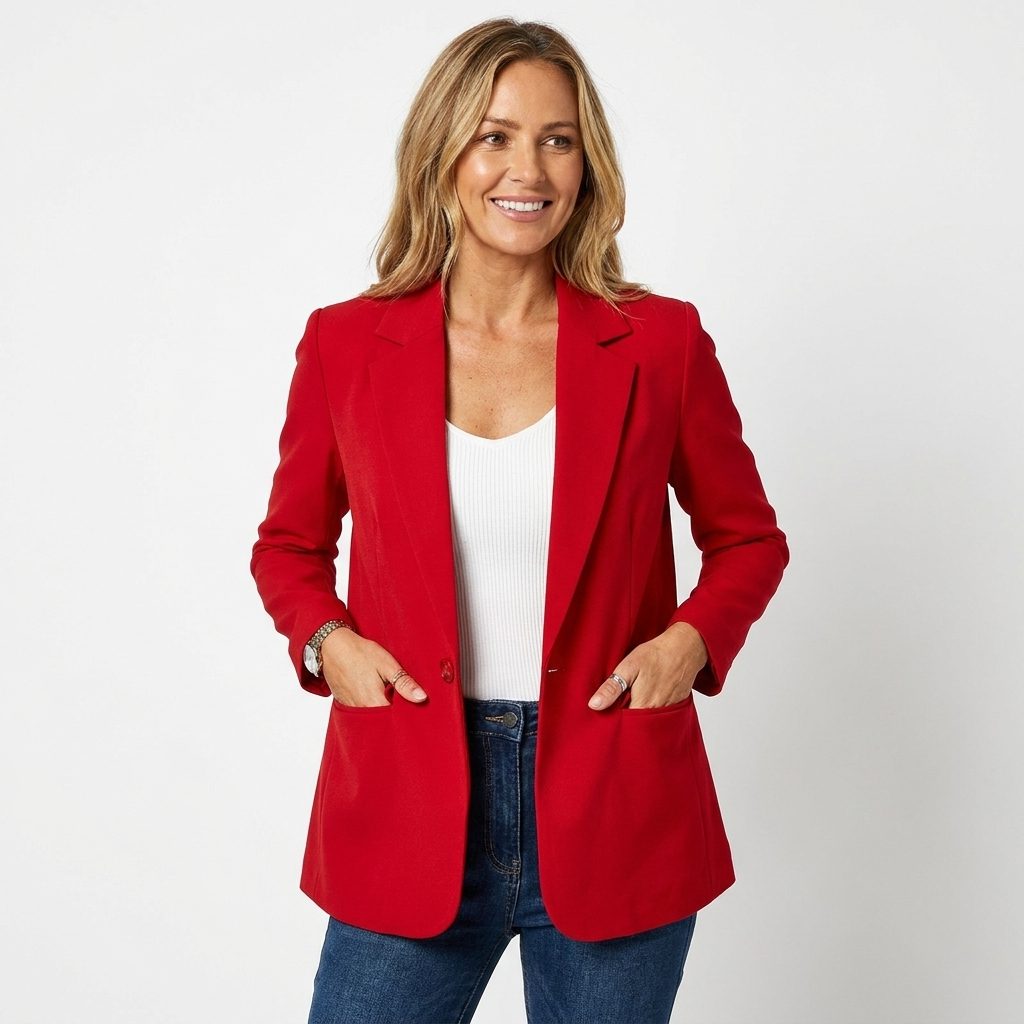 Single-Breasted Tailored Blazer with Notch Lapel for Women - Red