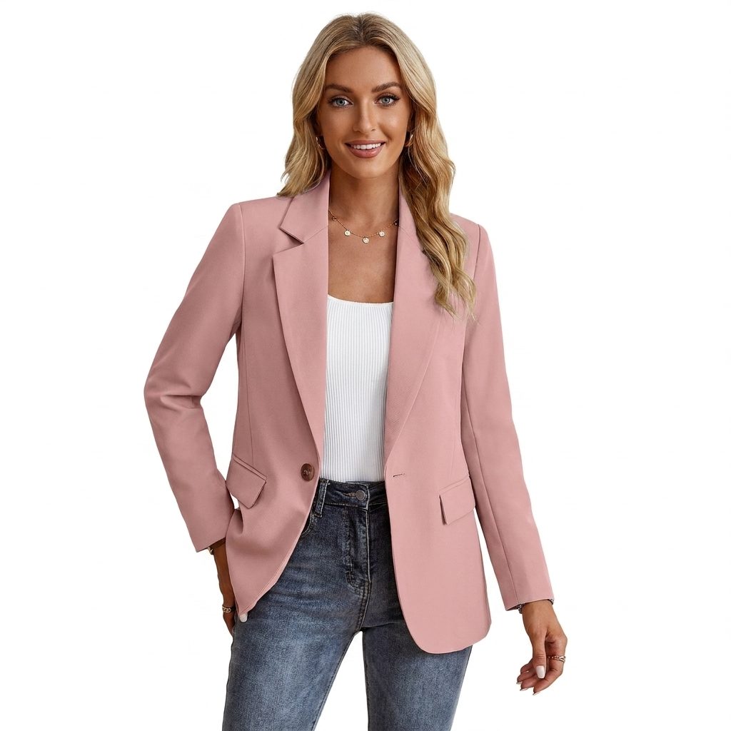 Single-Breasted Tailored Blazer with Notch Lapel for Women - Pink