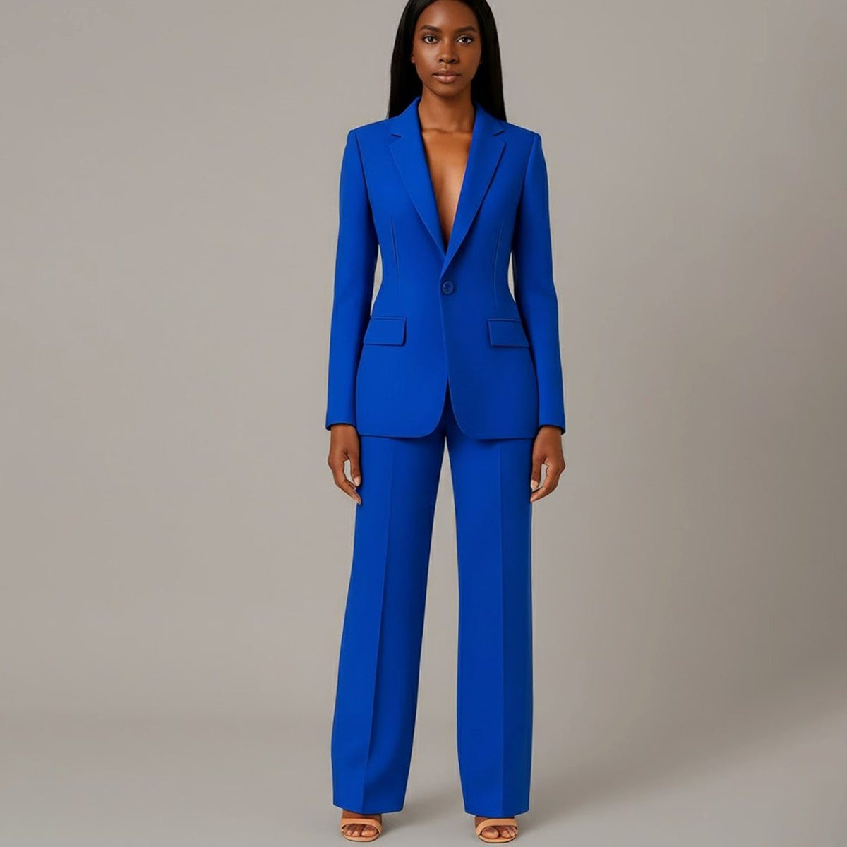 Single-Button Wide Leg Blazer Suit Set for Women - Blue