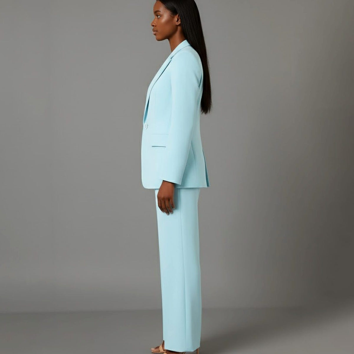 Single-Button Wide Leg Blazer Suit Set for Women - Turquoise