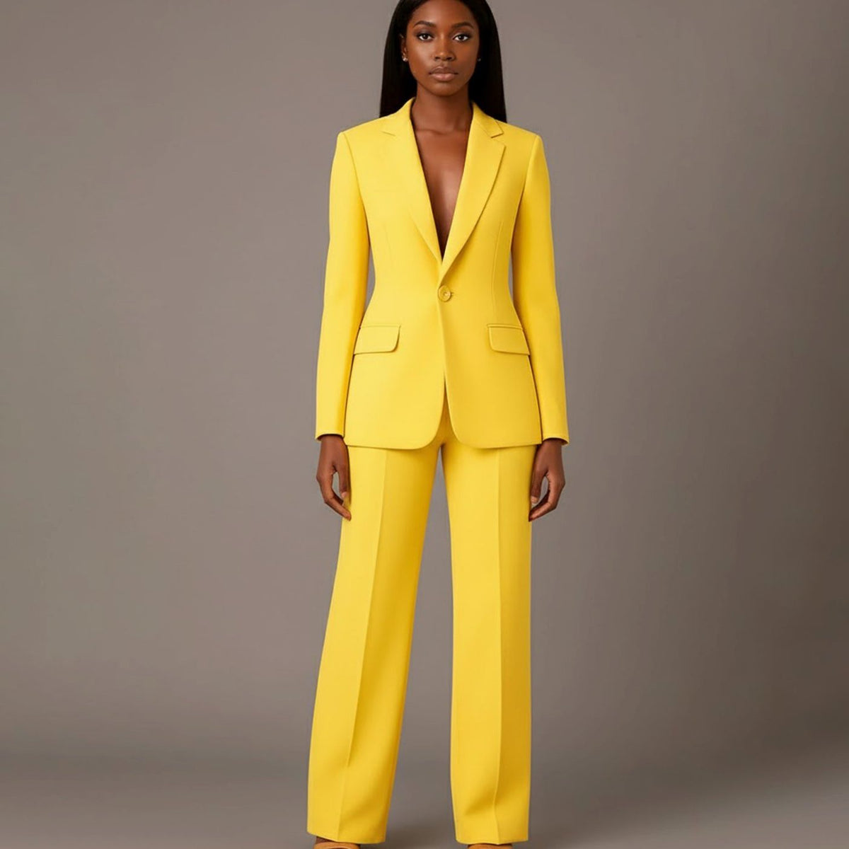 Single-Button Wide Leg Blazer Suit Set for Women - Yellow