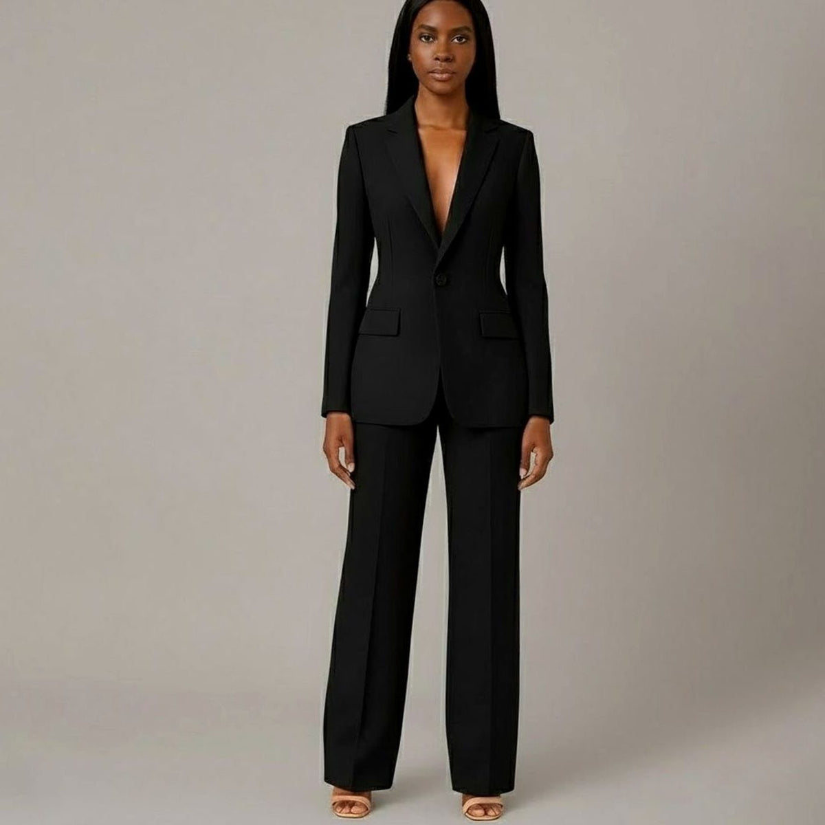 Single-Button Wide Leg Blazer Suit Set for Women - Black