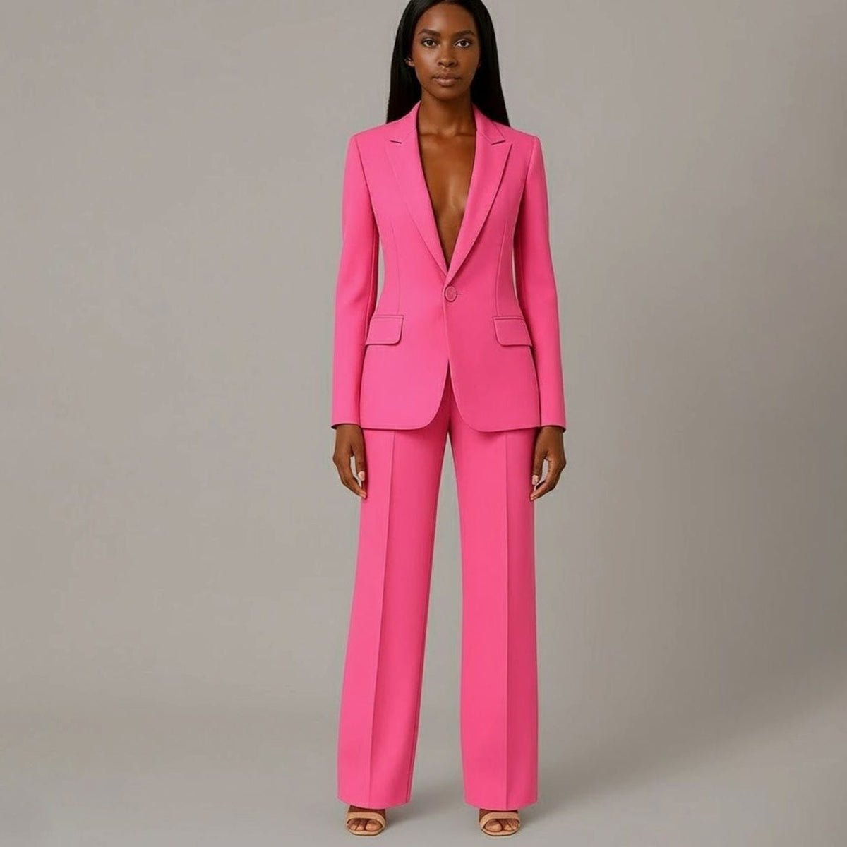 Single-Button Wide Leg Blazer Suit Set for Women - Pink