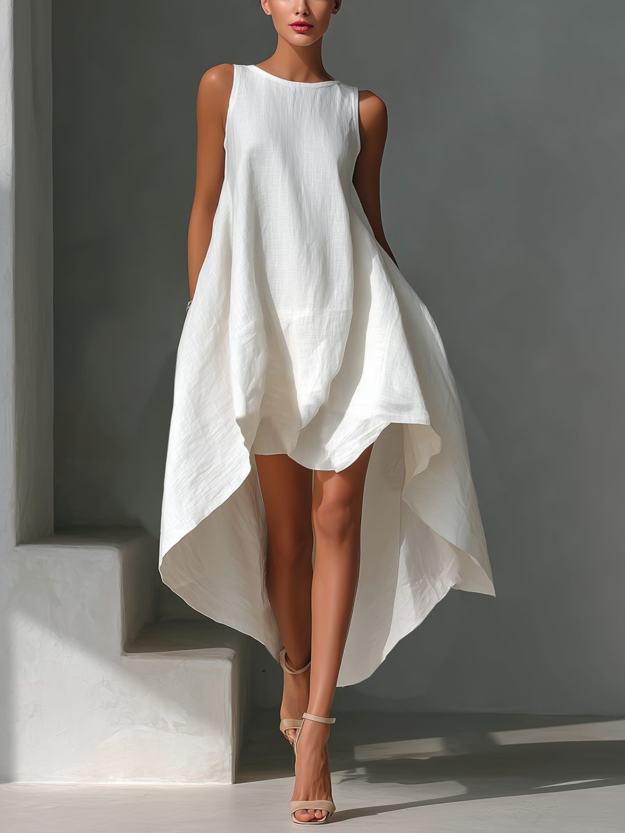 Sleeveless Linen Asymmetric Hem Midi Dress for Women