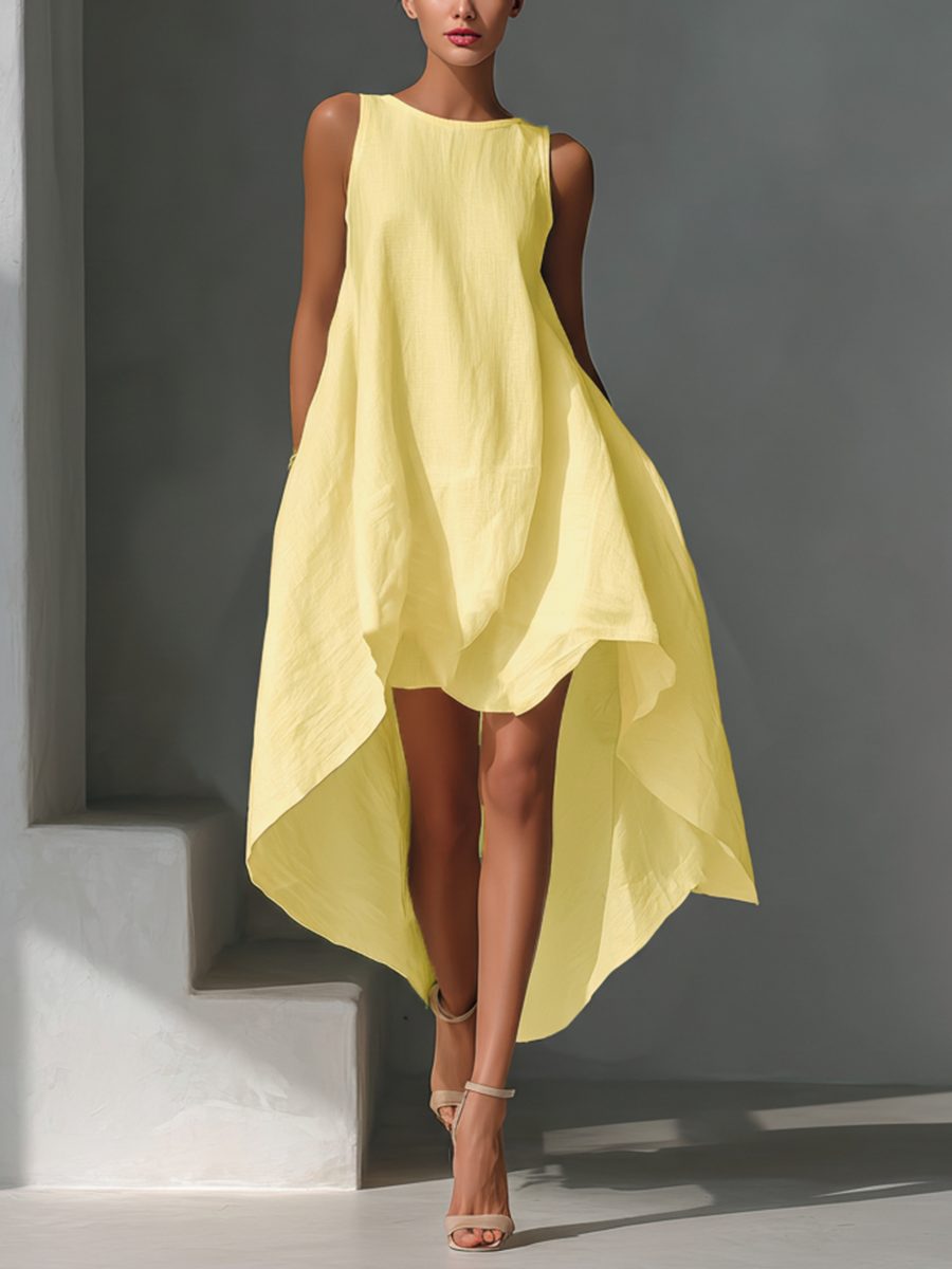Sleeveless Linen Asymmetric Hem Midi Dress for Women - Warm Yellow