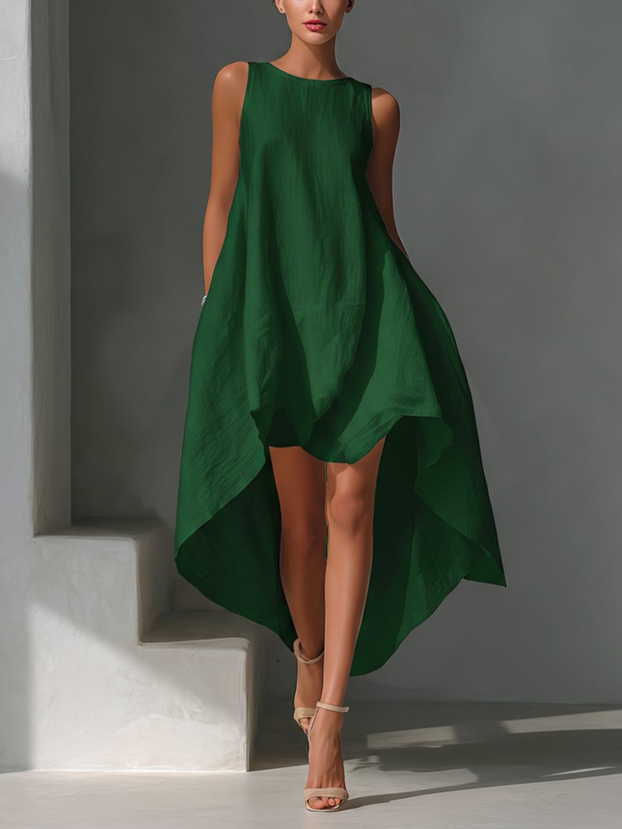 Sleeveless Linen Asymmetric Hem Midi Dress for Women - Green