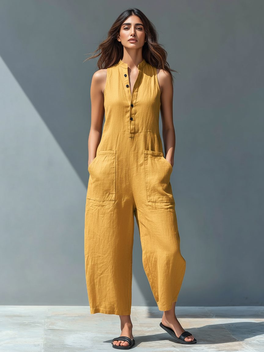 Sleeveless Mandarin Collar Jumpsuit for Women - Yellow